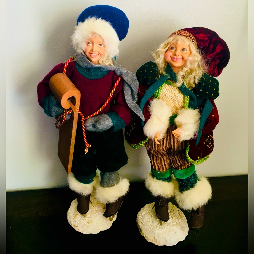 2 VTG Whimsical Retro Christmas Attire Boy & Girl Ice Skaters Figurines 17” Tall